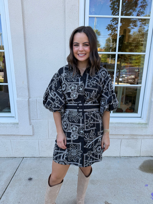 Black Multi Embroidery Mini Dress