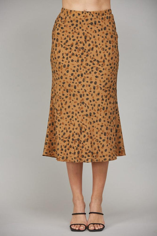 Camel and Black Animal Print Midi Skirt