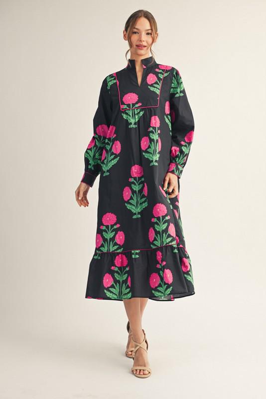 Black Floral Midi with Ruffle Hem