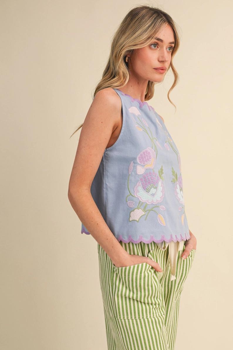 Dusty Periwinkle Blue Embroidered Tank
