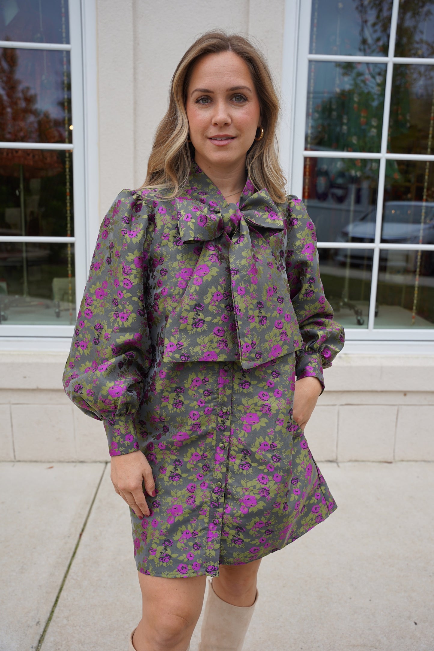 Moss Green and Purple Jacquard Dress
