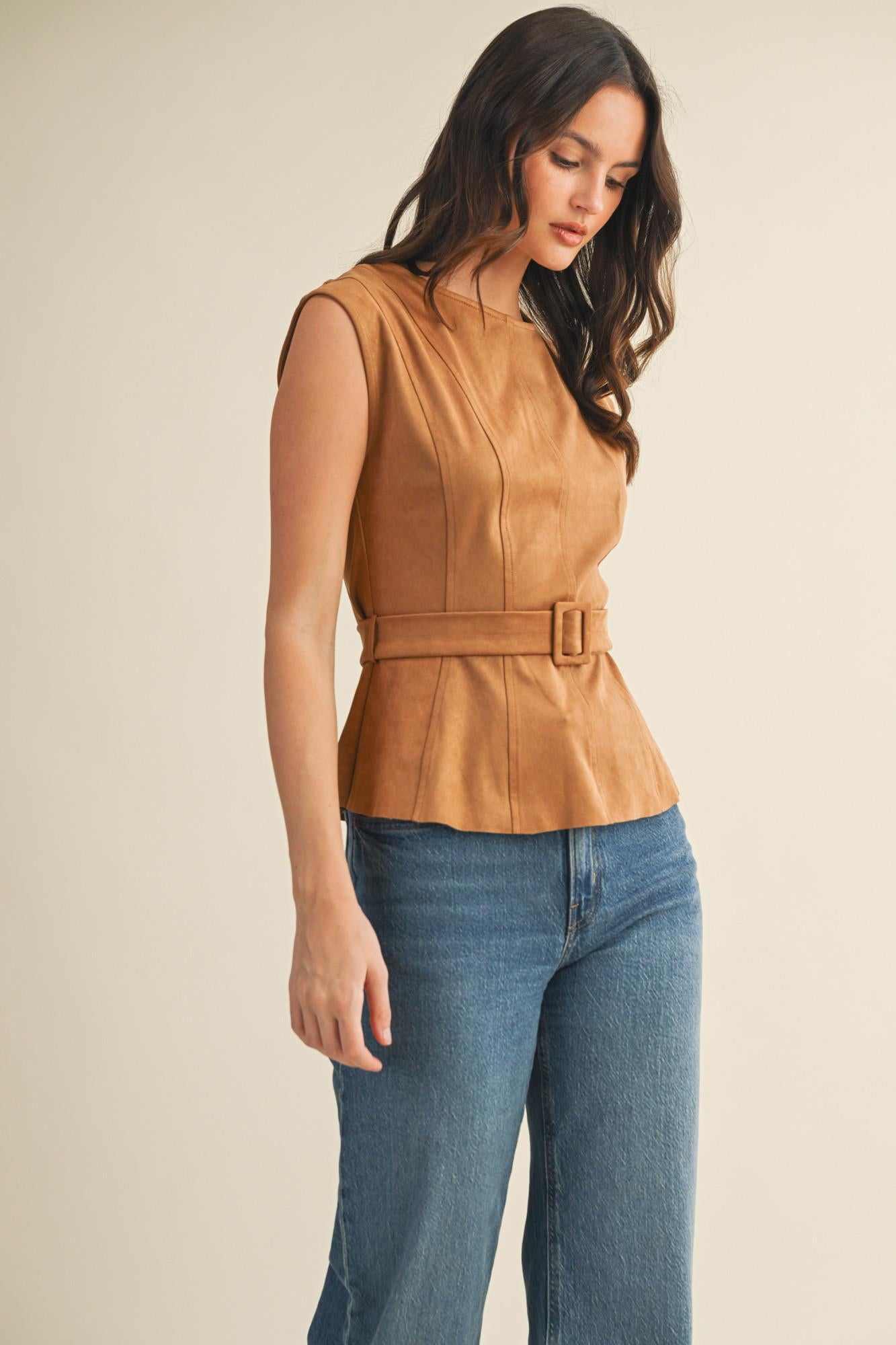 Coffee Belted Peplum Top