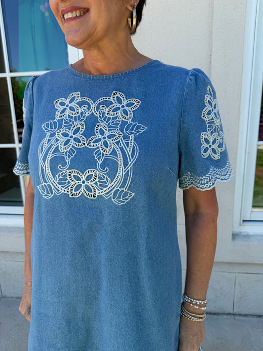 Medium Blue Denim Embroidered Shift Dress