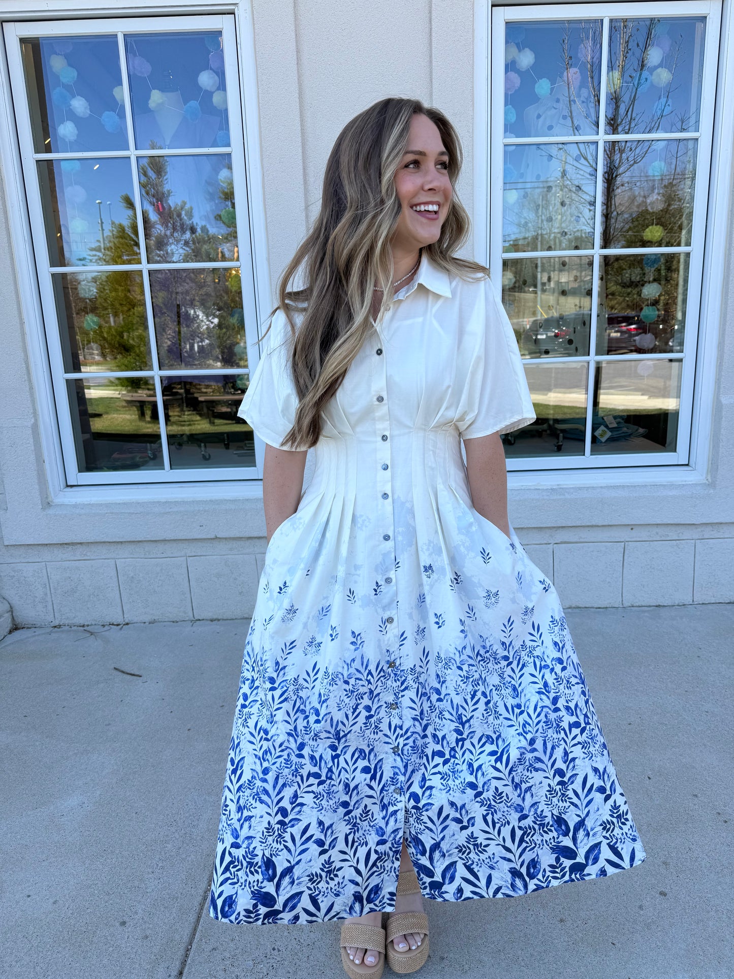 Blue and Cream Floral Bordered Midi