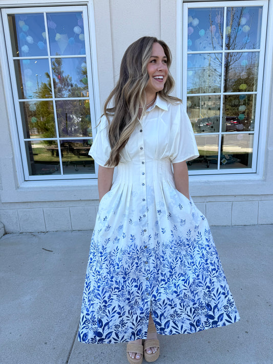 Blue and Cream Floral Bordered Midi