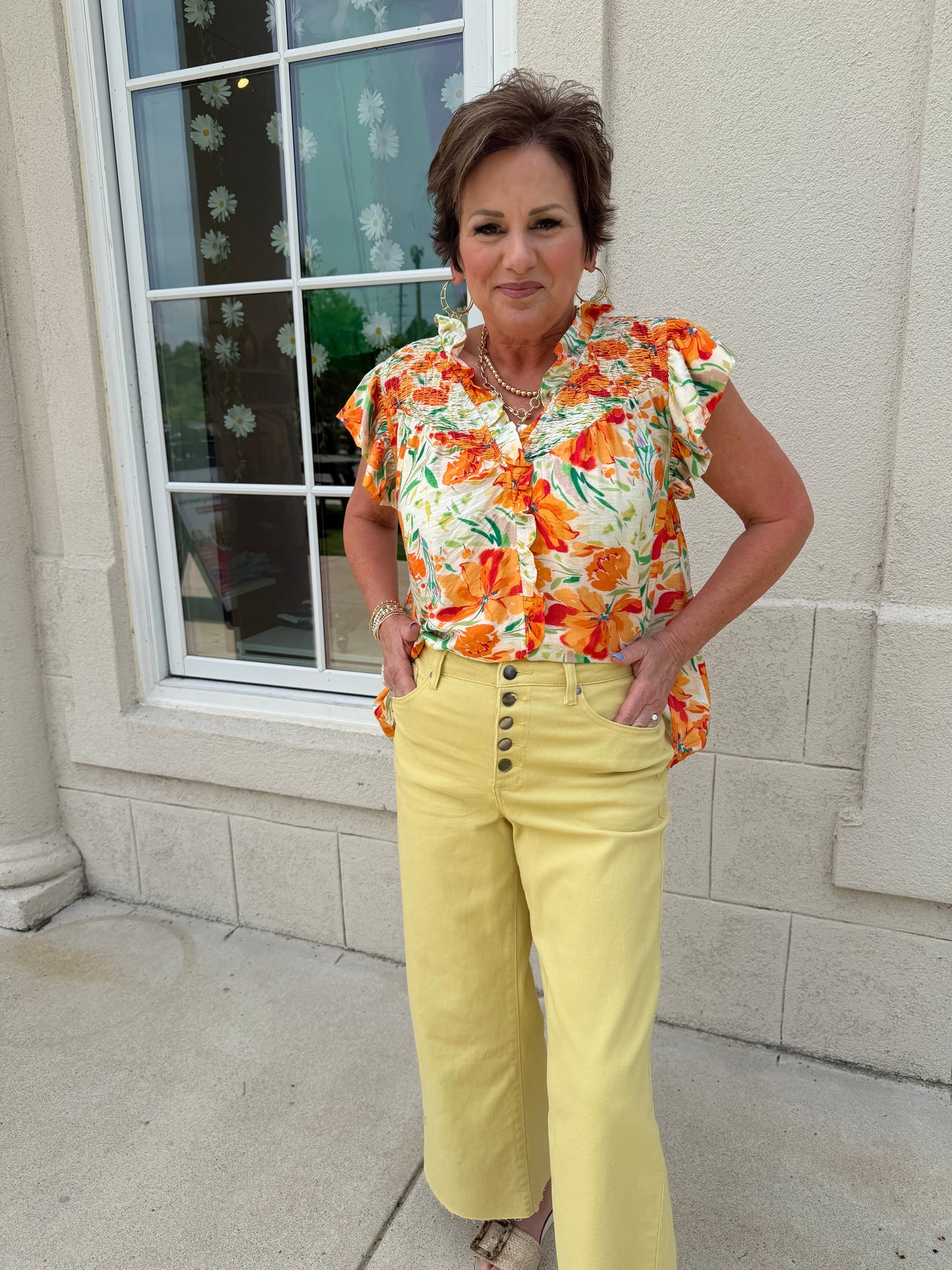 Green Mix Smocked Yoke Floral Blouse