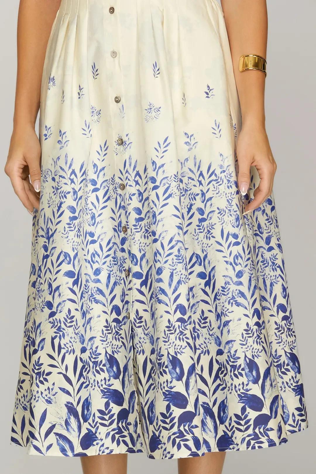 Blue and Cream Floral Bordered Midi