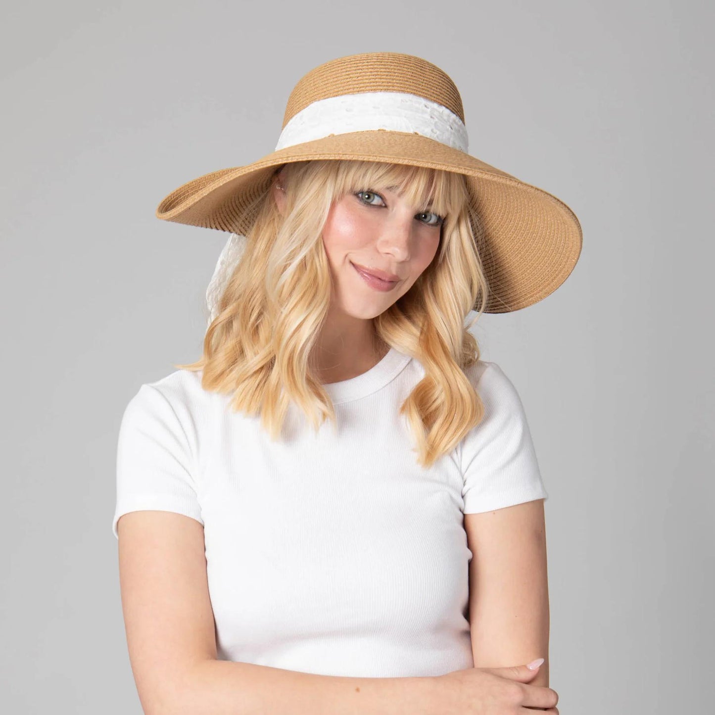 White Eyelet Foldback Sun Hat