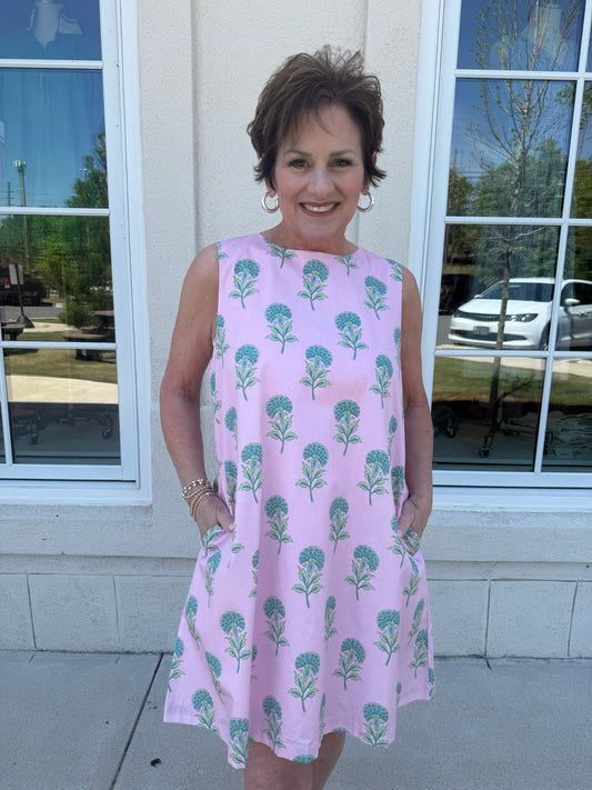 Baby Pink Floral Printed Mini Dress with Bow