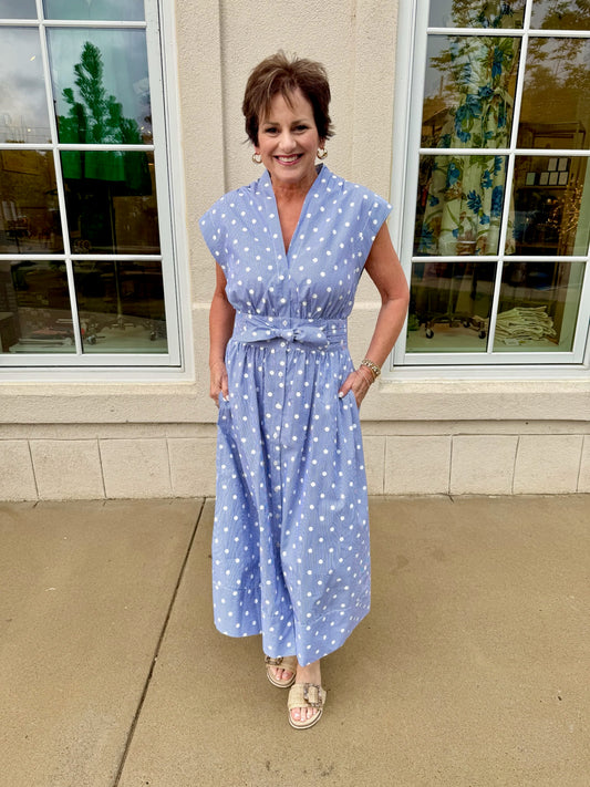 Blue and White V-Neck Midi