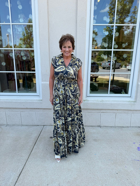 Ink and Yellow Printed Tiered Maxi