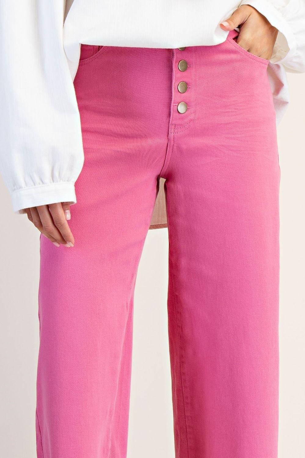 Retro Rose Button Front Stretch Twill Pants