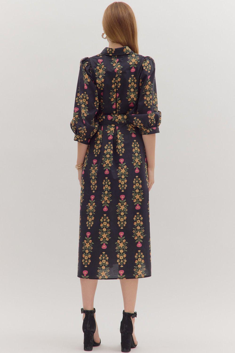 Black Botanical Print Midi Dress