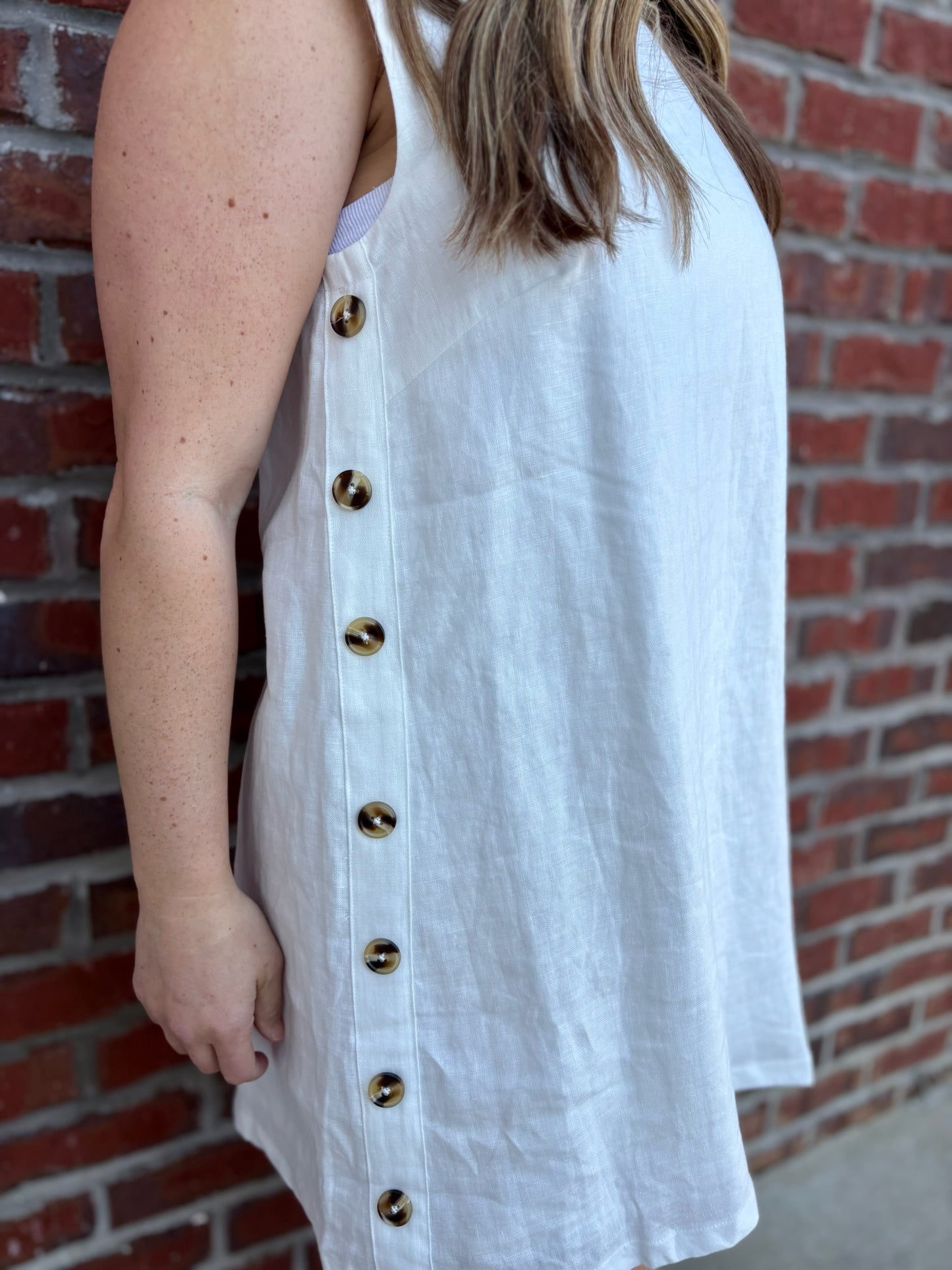 White Button Detail Linen Dress