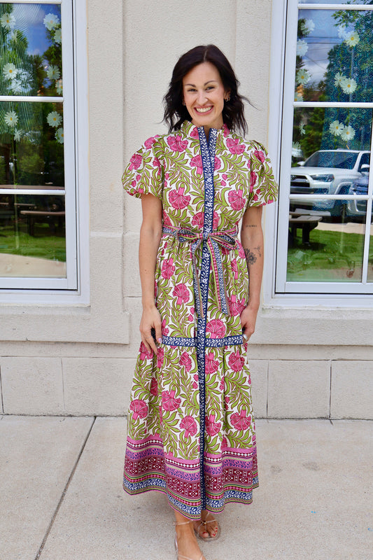Green Mixed Floral Print Maxi Dress