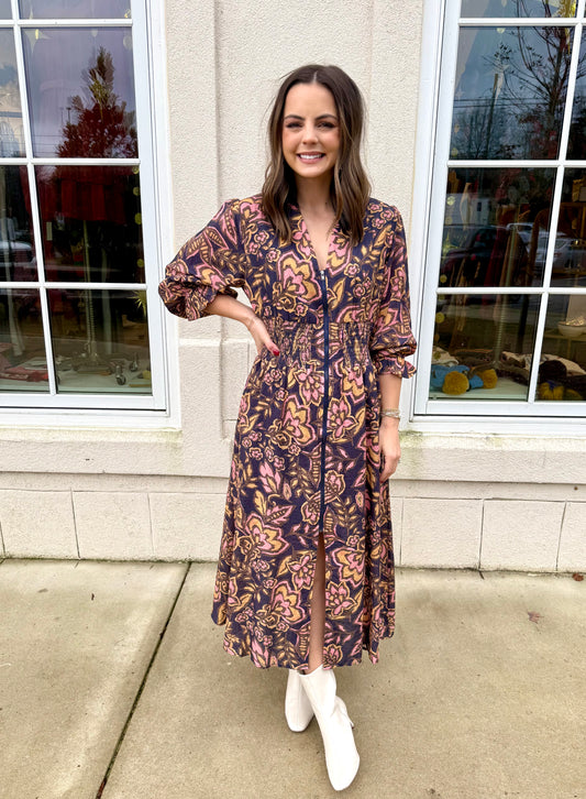 Navy Multi Floral Gathered Waist Midi