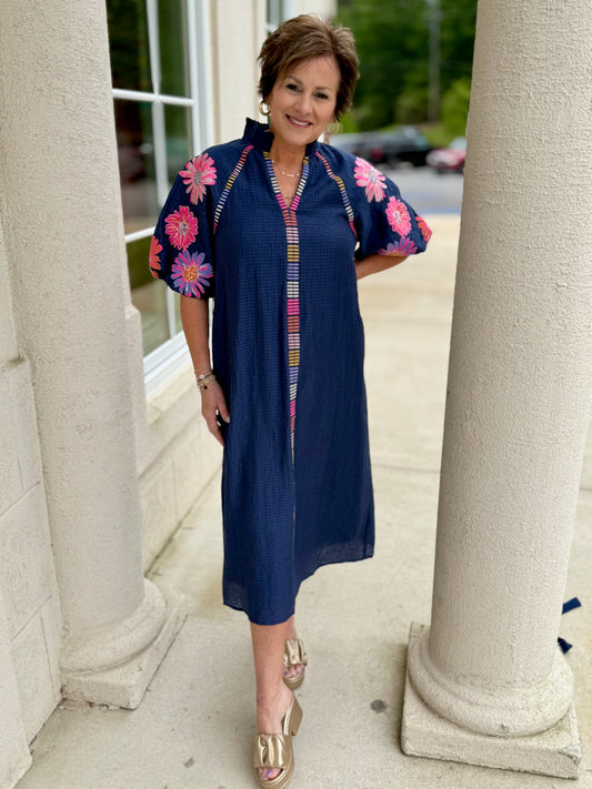 Navy Embroidered Puff Sleeve Textured Midi