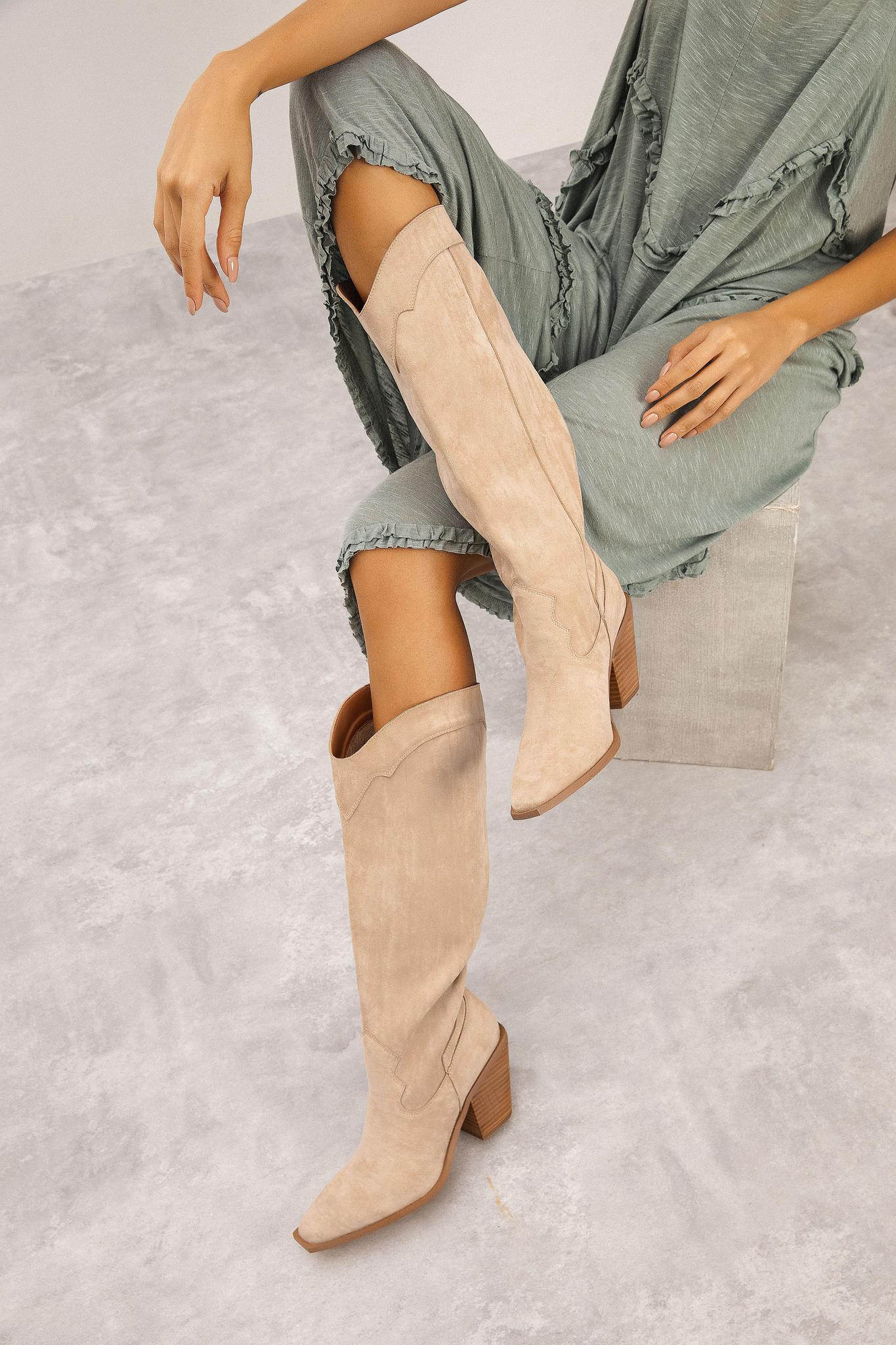 Classy Beige Suede Knee High Boots