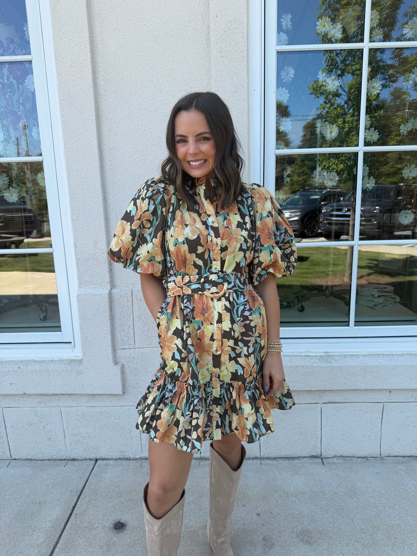 Brown Romantic Ruffle Mini Dress