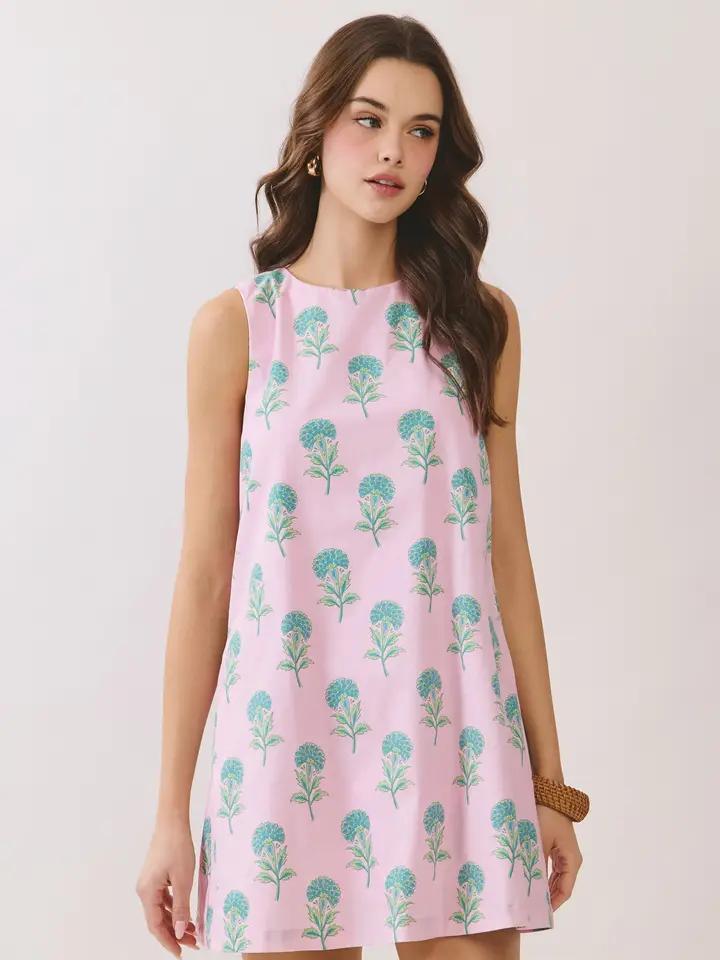 Baby Pink Floral Printed Mini Dress with Bow