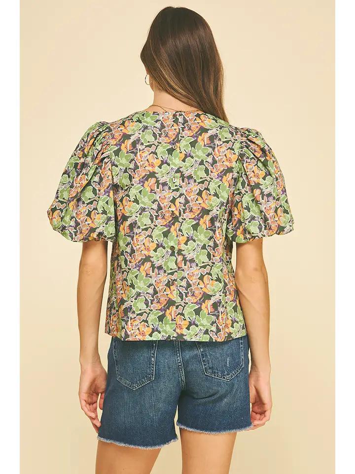 Olive Floral Puff Sleeve Blouse