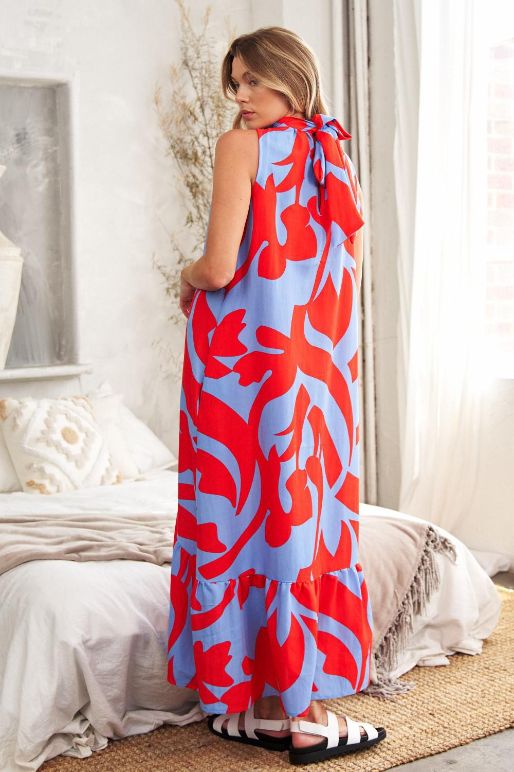 Sleeveless Abstract Print Mock Neck Maxi Dress
