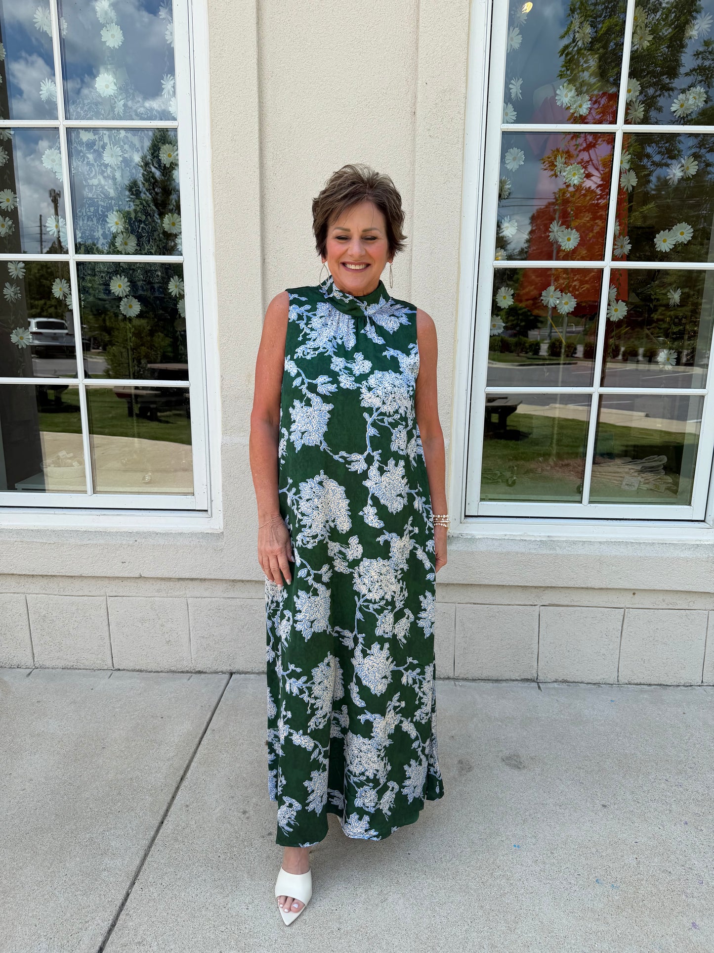Hunter Green and Blue Floral Maxi Dress