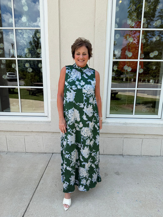 Hunter Green and Blue Floral Maxi Dress