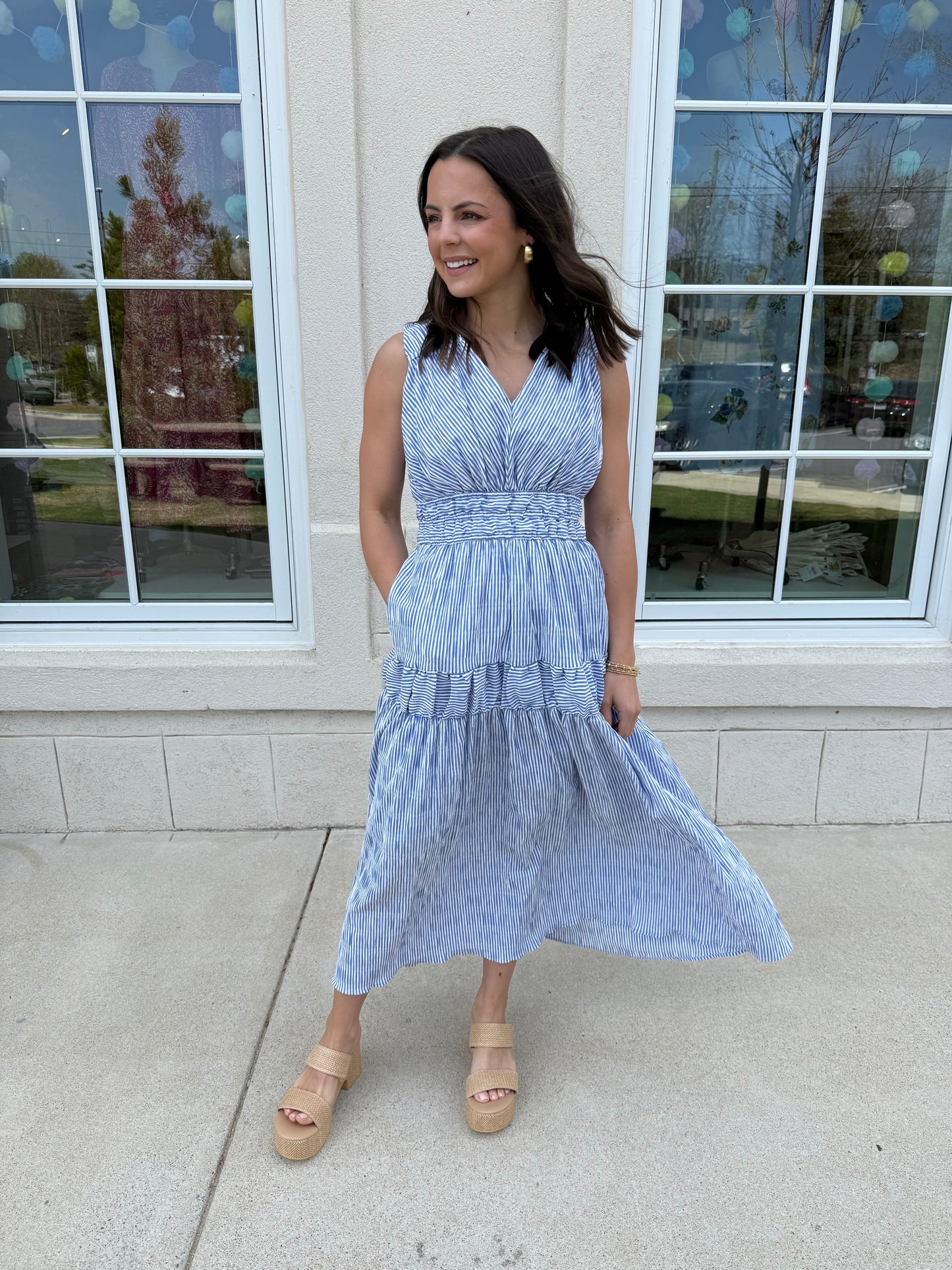 Blue Striped Tiered Dress