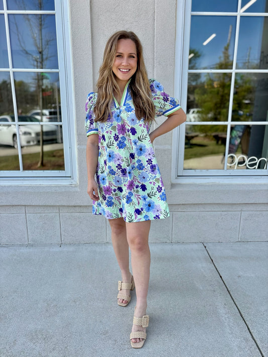 Blue and Mint Puff Sleeve Dress