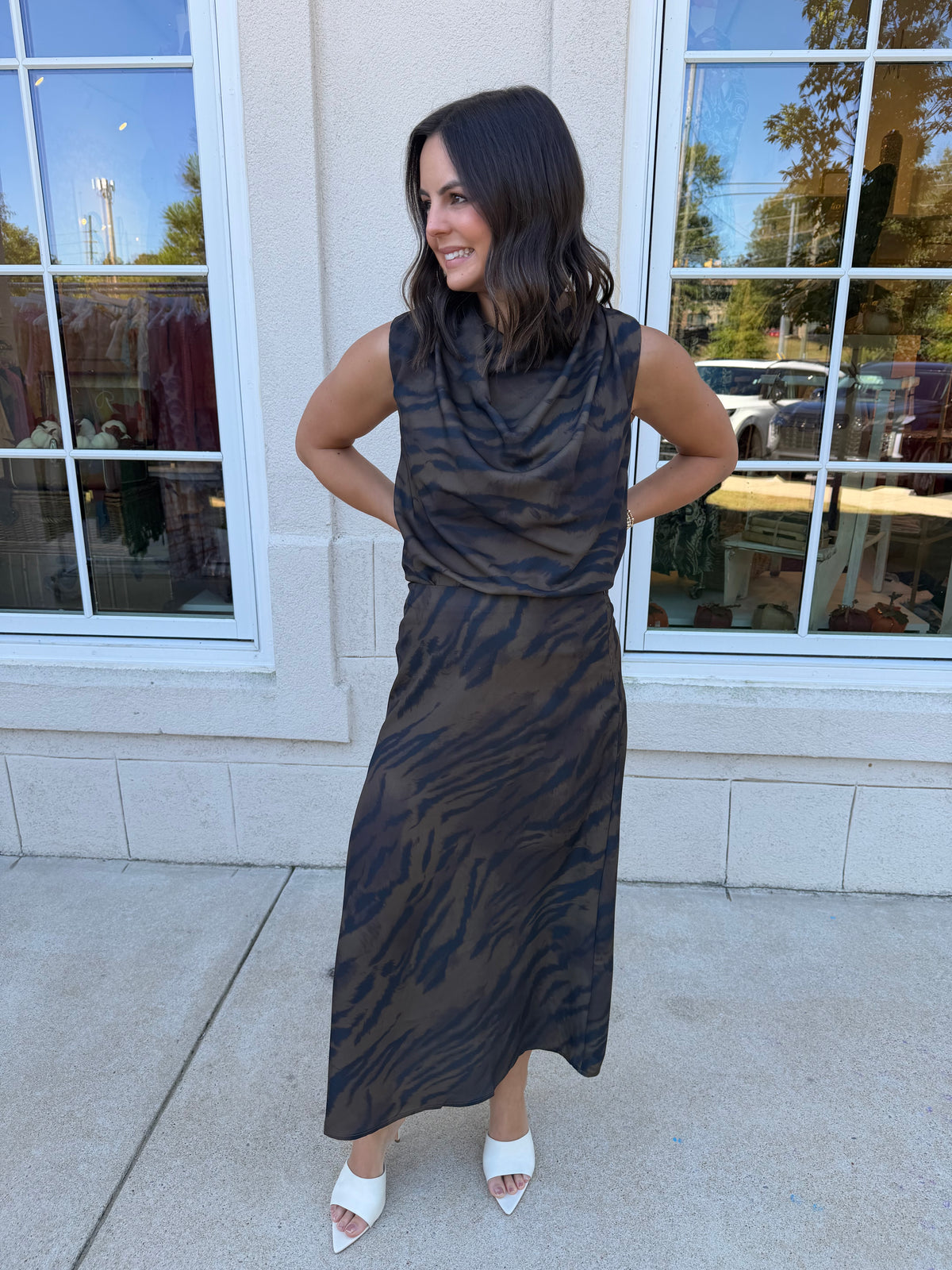 Brown and Taupe Animal Print Midi Skirt