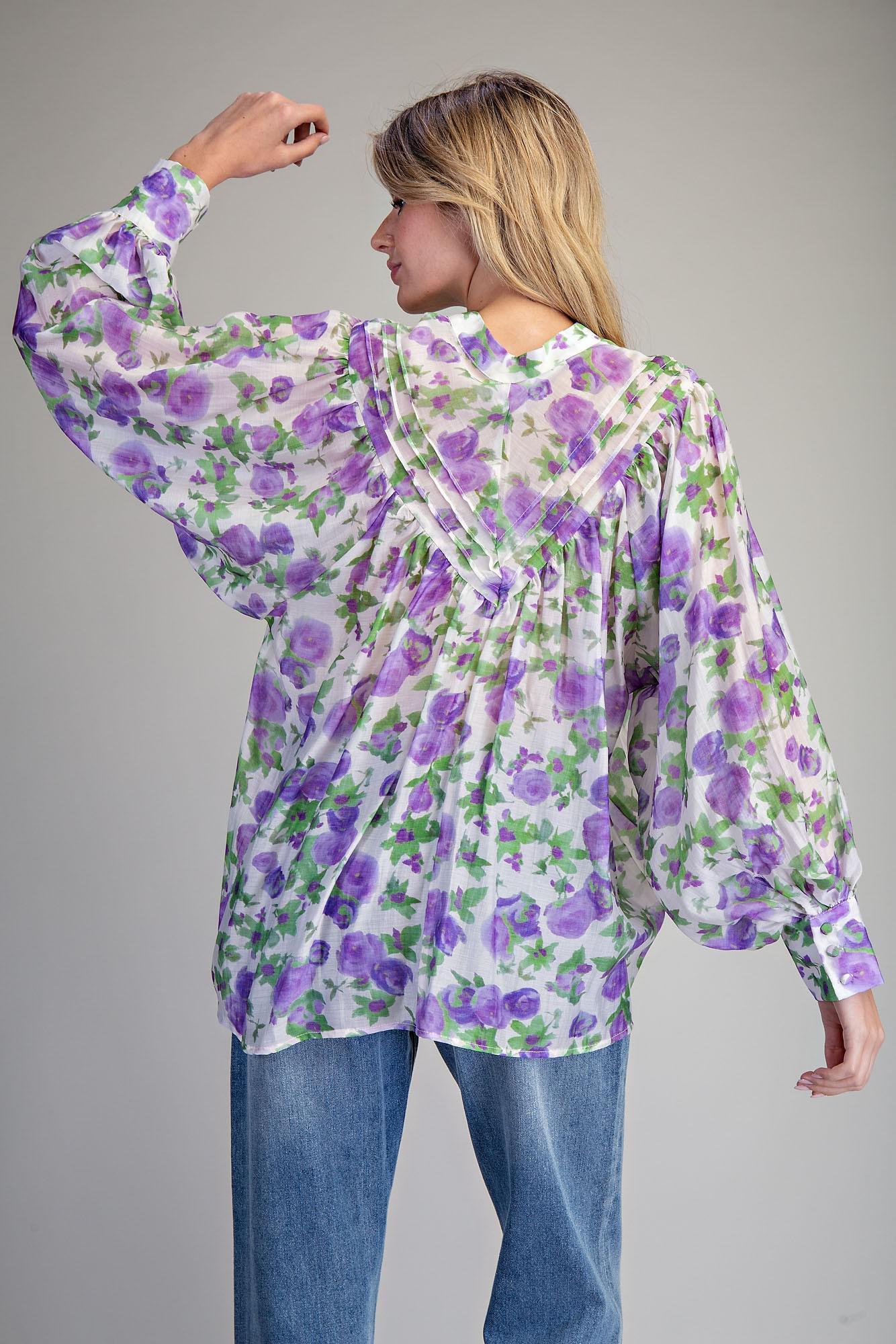 Violet Floral Button Down Top