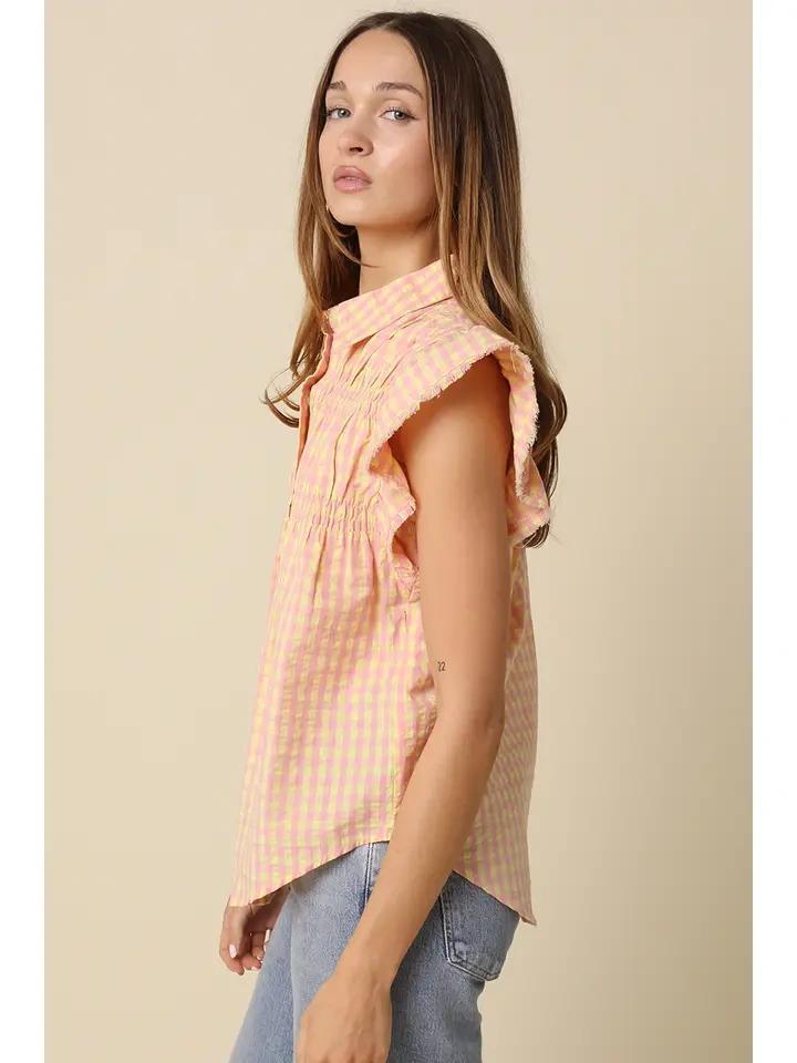 Pink and Yellow Gingham Flutter Sleeve Top