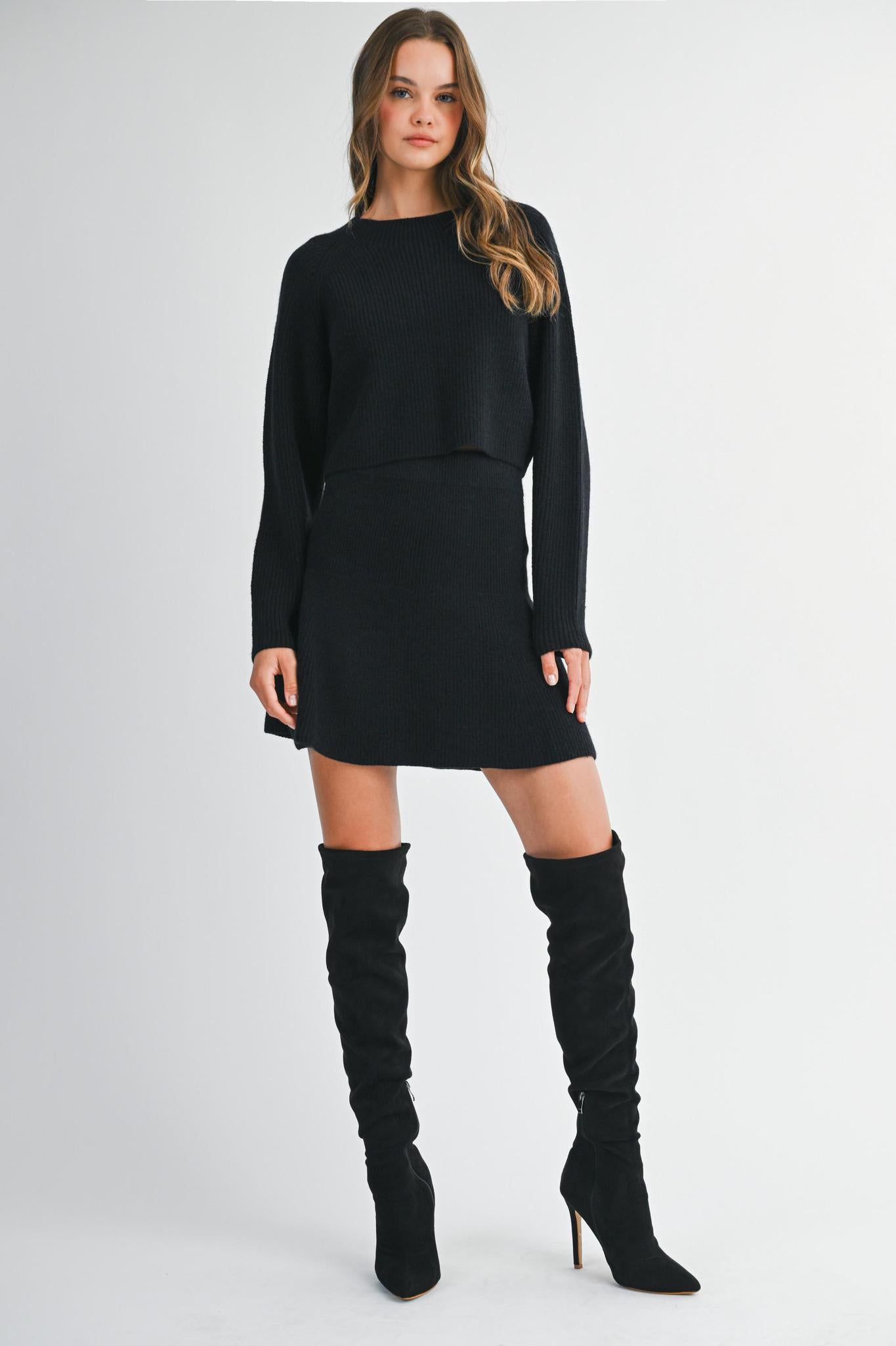 Black Knit Top and Flare Skirt Set
