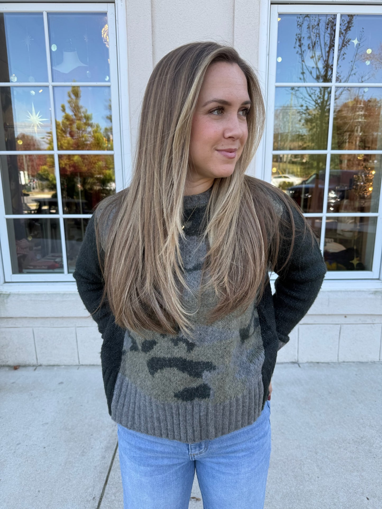 Color-Blocked Camo Print Sweater