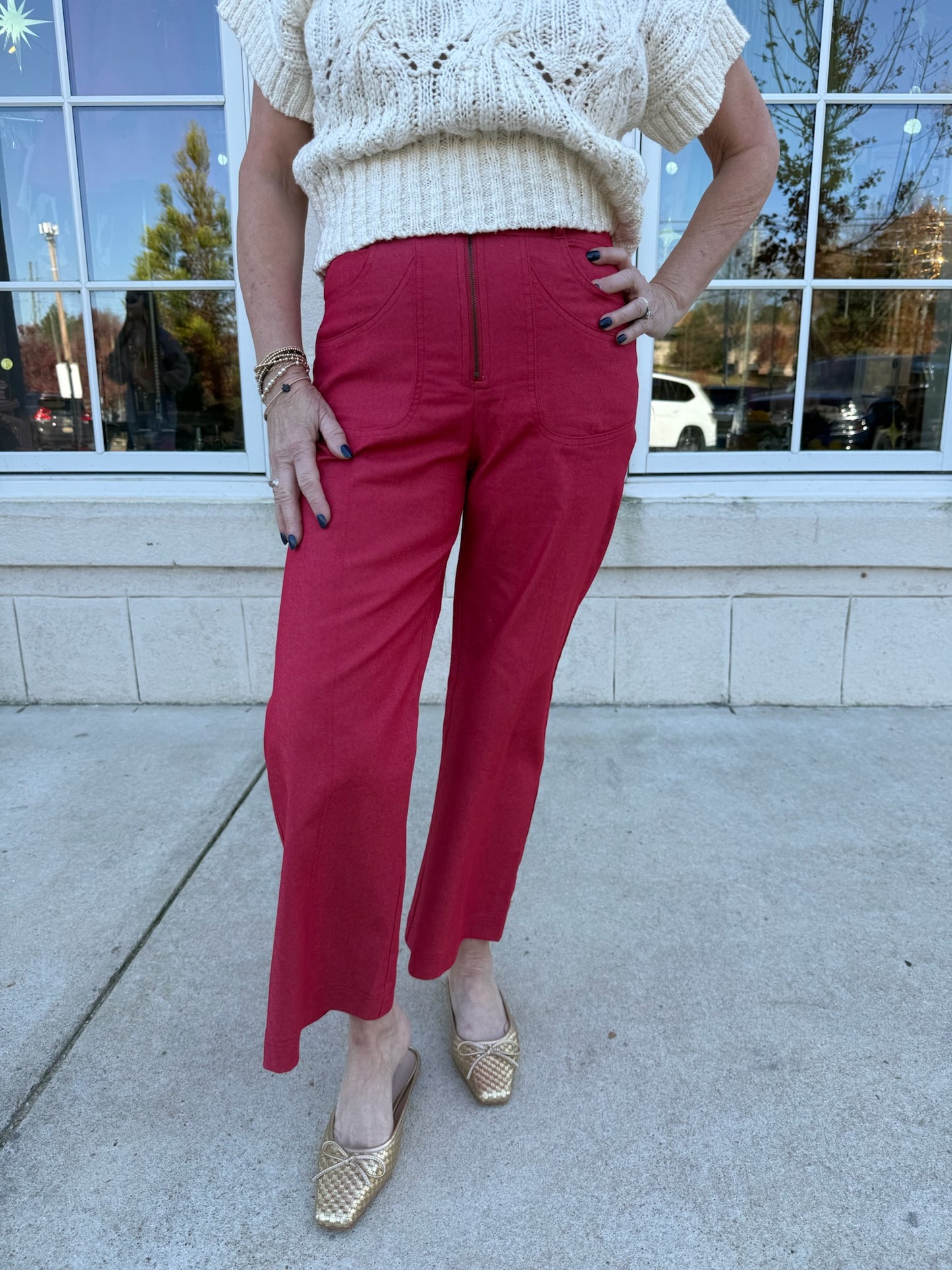Red Cropped Exposed Zipper Pants