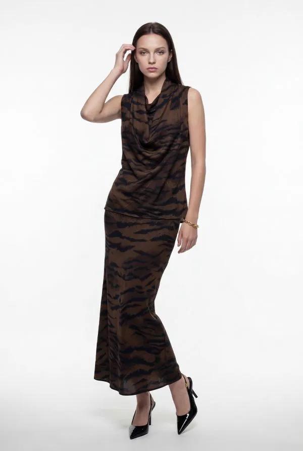Brown and Taupe Animal Print Midi Skirt