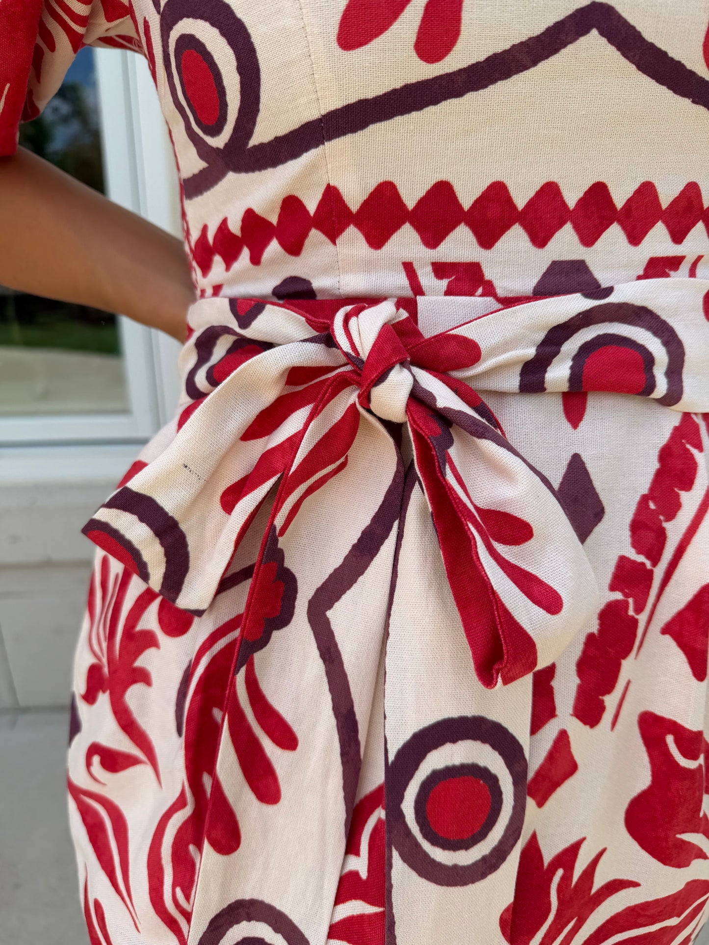 Ivory and Red Tropical and Geo Print Dress