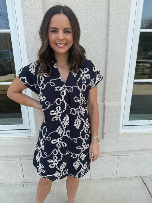 Navy Embroidered Detail Dress