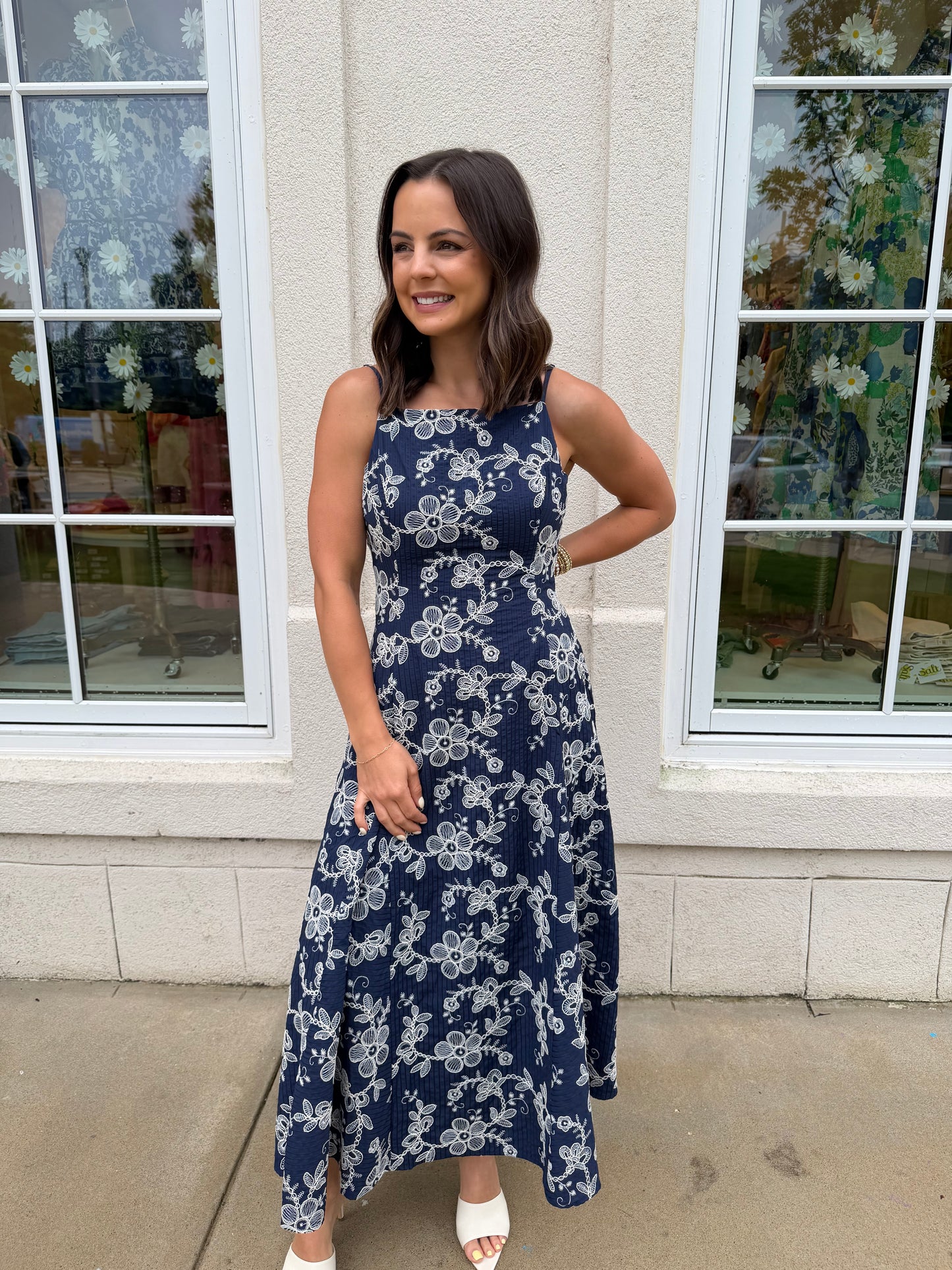 Navy with White Embroidery Dress