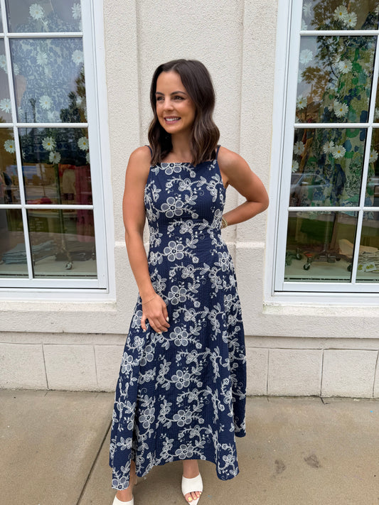 Navy with White Embroidery Dress