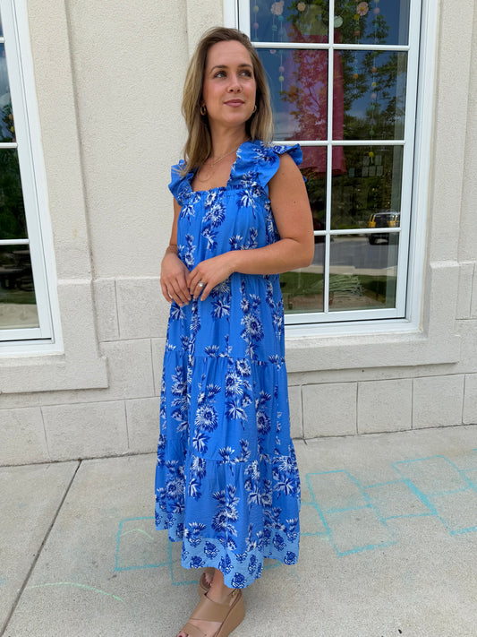 Blue Floral Printed Tiered Dress