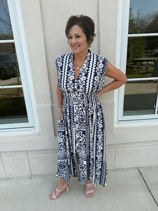 Navy Mixed Print Sleeveless Midi