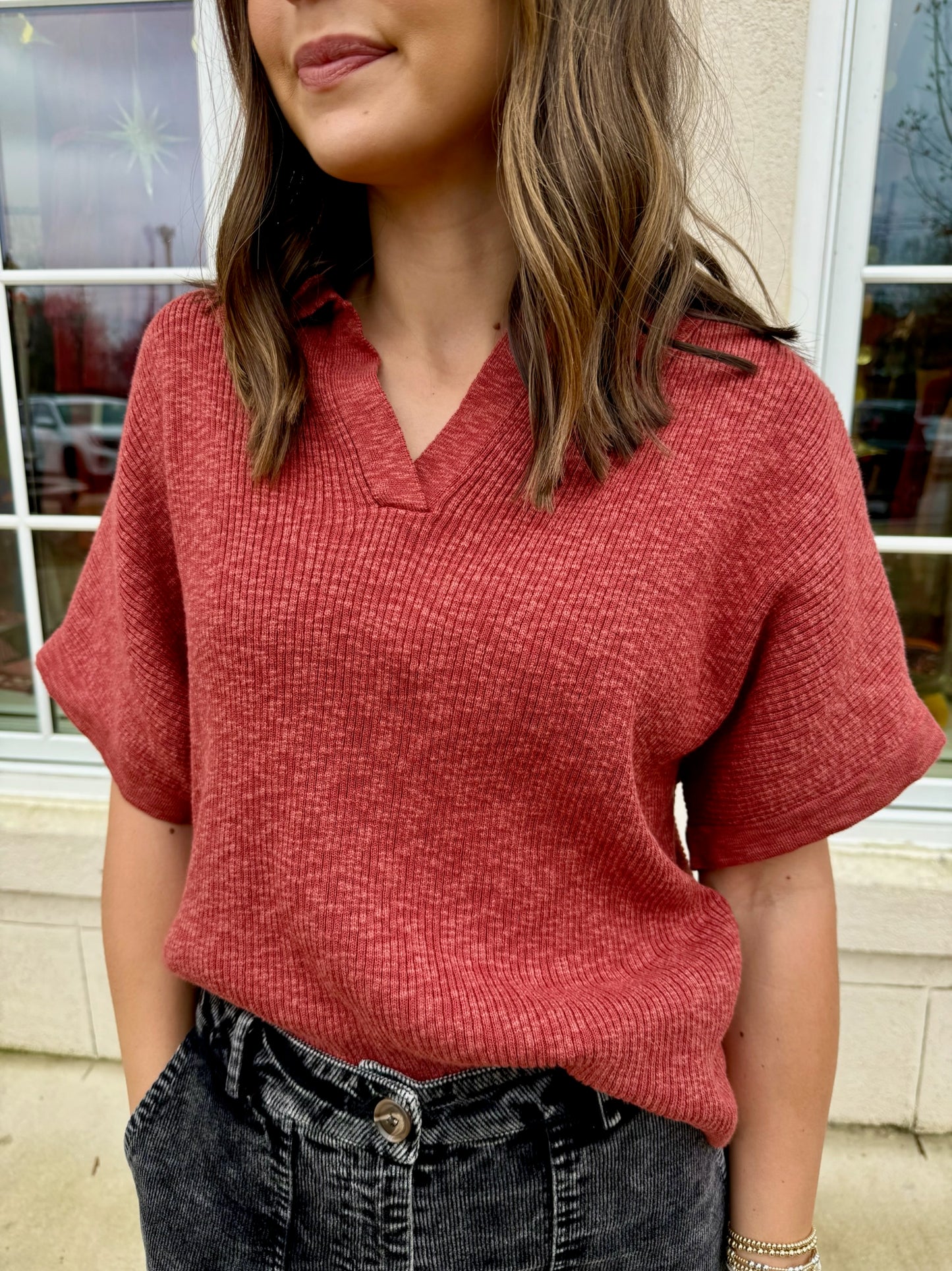 Rust Red Slub Knit Sweater