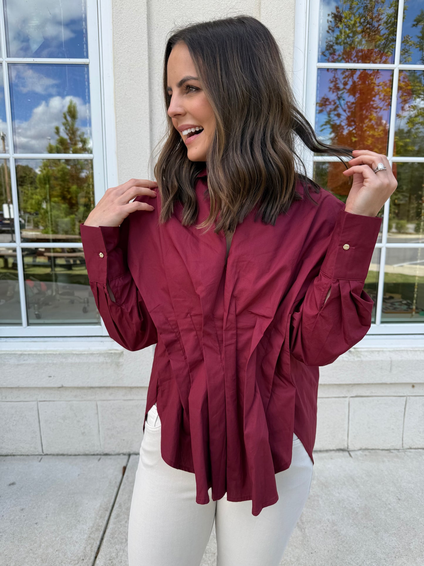 Deep Red Collared V-Neck Top