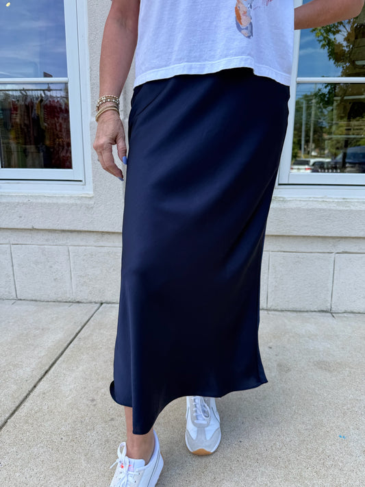 Navy Silk Long Skirt