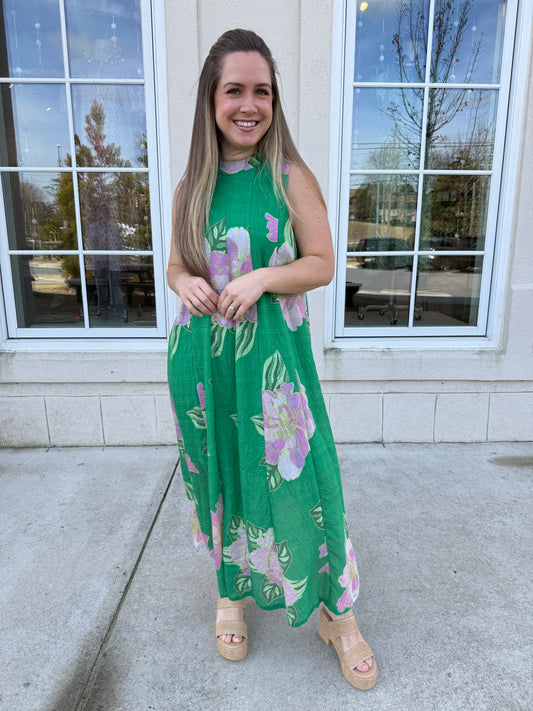 Green Floral Print Midi Dress