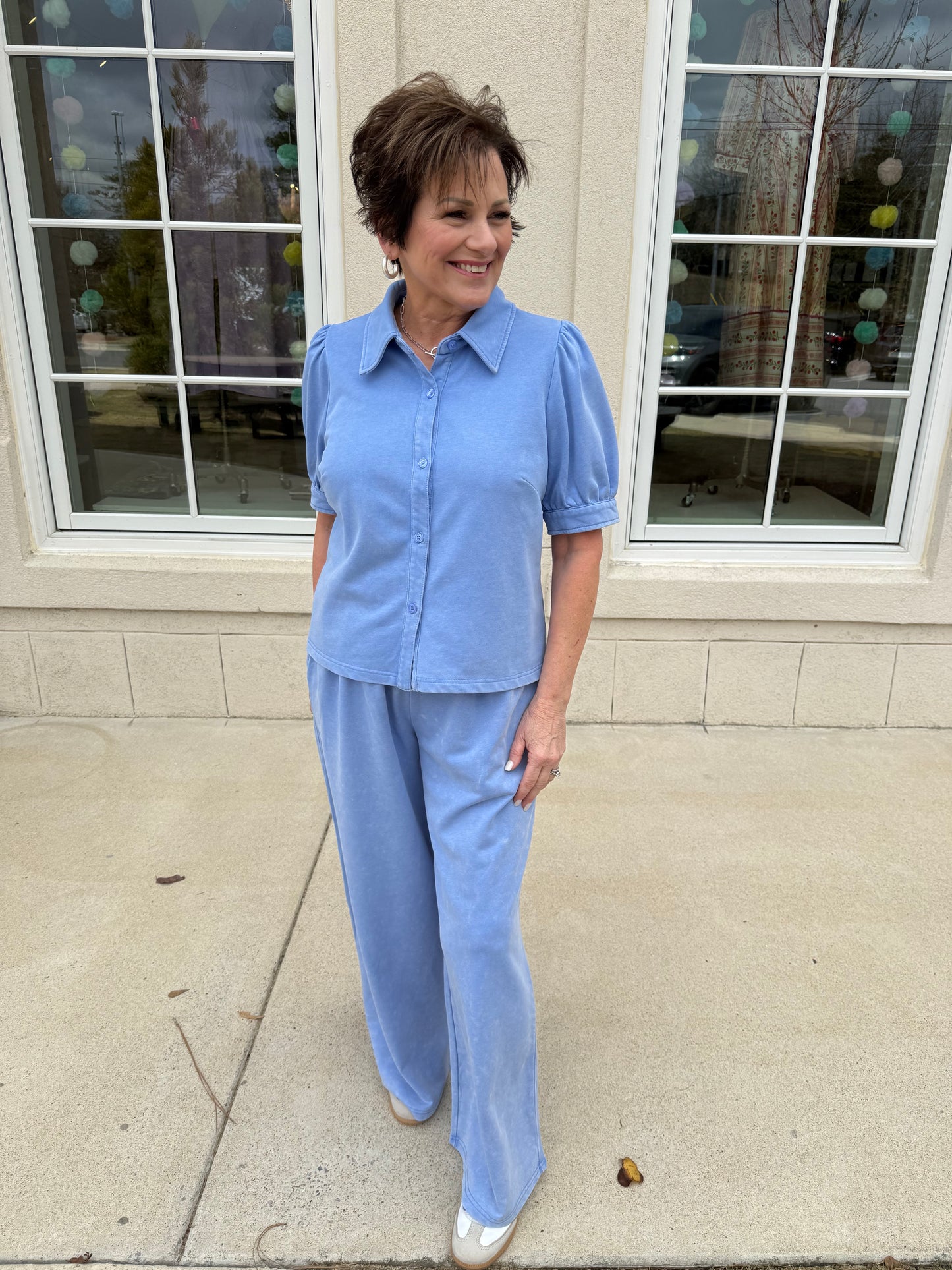 Blue Mineral Washed Button Top
