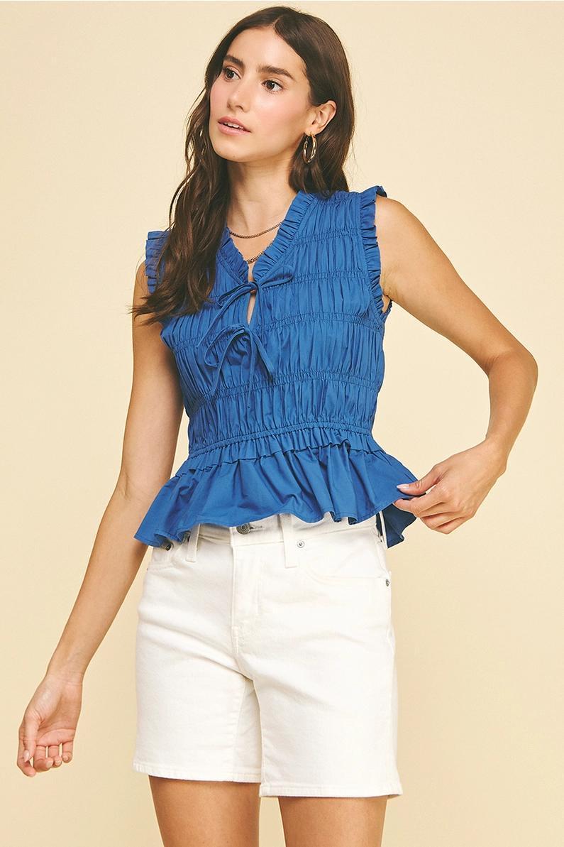 Denim Front Tie Smocked Top