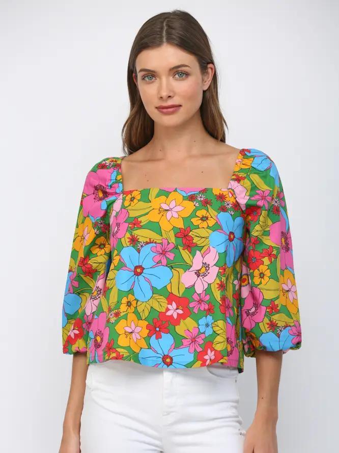 Green Multi Floral Gathered Top